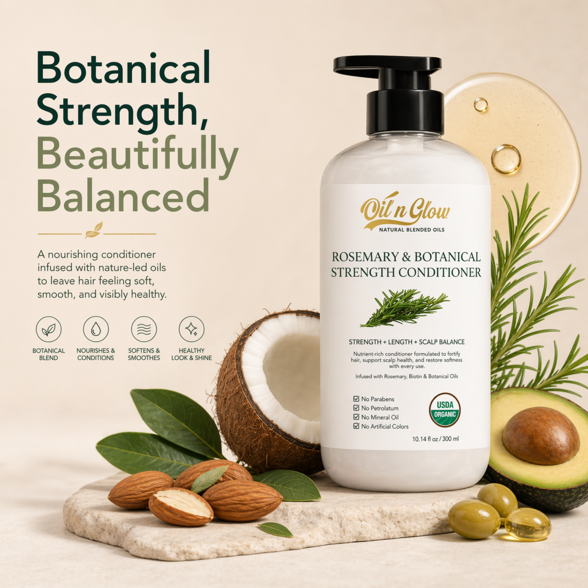 Oil 'N Glow Rosemary & Botanical Strength Conditioner bottle with botanical elements on a beige background
