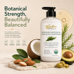 Oil 'N Glow Rosemary & Botanical Strength Conditioner bottle with botanical elements on a beige background