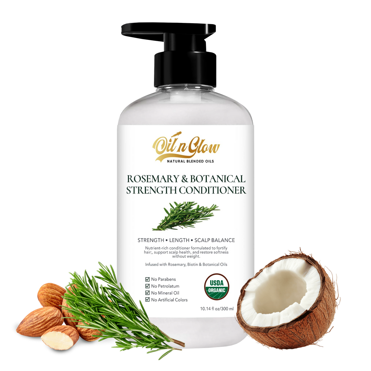 Rosemary & Botanical Strength Conditioner for Scalp Health & Hair Growth Support, Biotin & Caffeine, Strengthening & Moisturizing Formula with Botanical Oils, Vegan, 10.14 fl oz lightweight formula by oilnglow