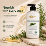 Oil'n Glow Rosemary & Botanical Strength Conditioner bottle with rosemary leaves and oil droplets on a neutral background