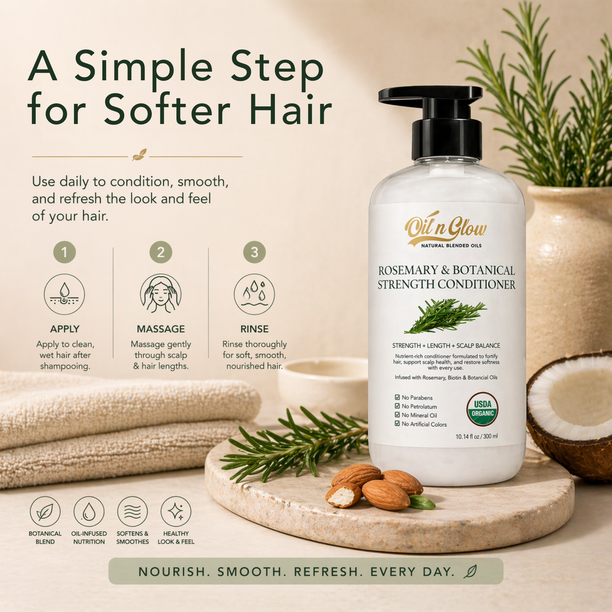 Oil 'n Glow Rosemary & Botanical Strength Conditioner bottle with usage instructions on a neutral background.