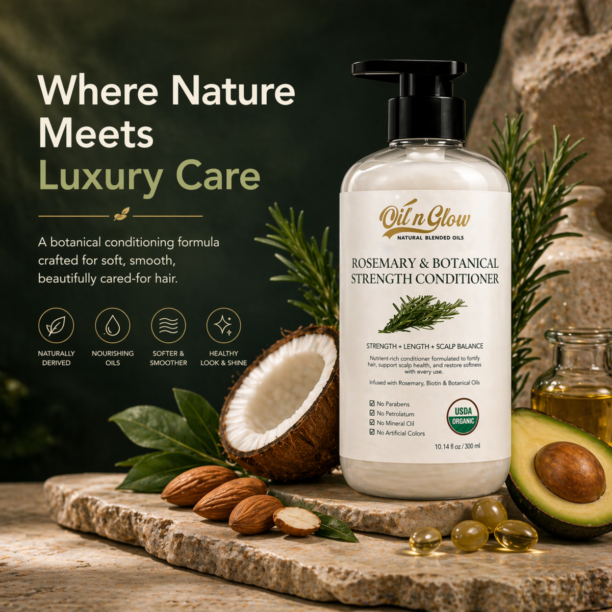Olive Glow Rosemary & Botanical Strength Conditioner bottle with natural ingredients on a wooden surface.
