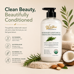 Oil 'n Glow Rosemary & Botanical Strength Conditioner bottle with natural ingredients on a beige background no paraben, no mineral oil, no artificial colors, no petrolatum