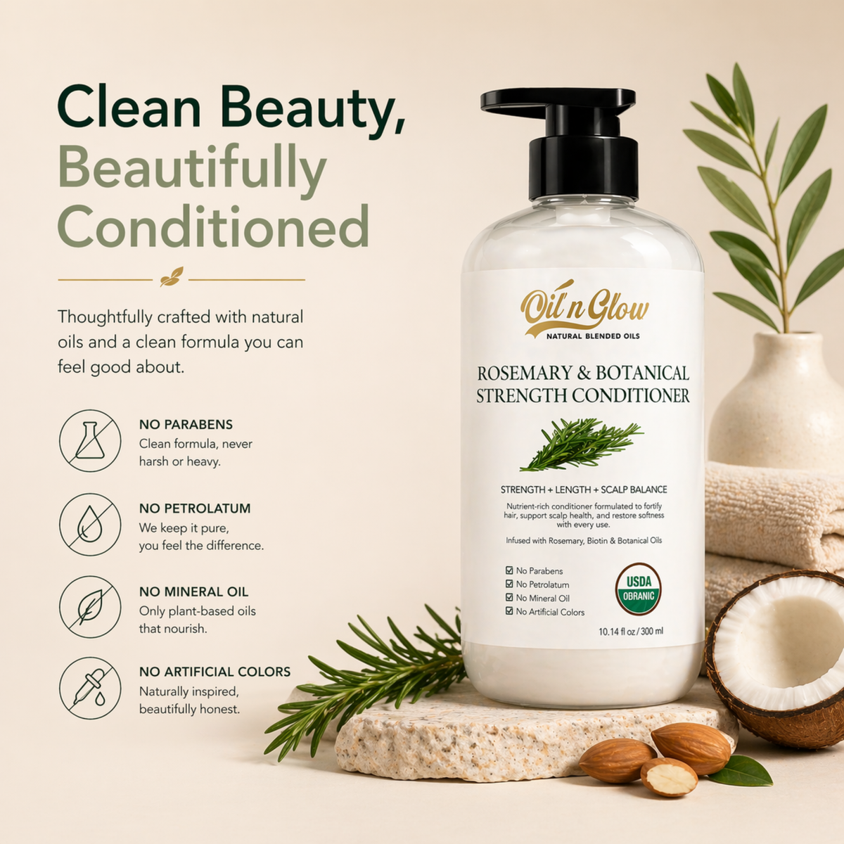 Oil 'n Glow Rosemary & Botanical Strength Conditioner bottle with natural ingredients on a beige background no paraben, no mineral oil, no artificial colors, no petrolatum