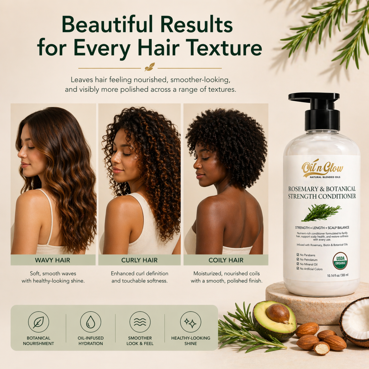 Oilnglow rosemary conditioner with images of women with different hair textures and a bottle of the product. wavy, curly, coily hair
