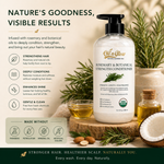 Ola Glow Rosemary & Botanical Strength Conditioner bottle with product details and natural elements.