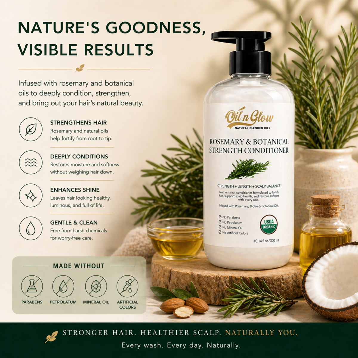Ola Glow Rosemary & Botanical Strength Conditioner bottle with product details and natural elements.