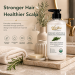Oil 'n Glow Rosemary & Botanical Strength Conditioner bottle on a bathroom counter with text about hair health.