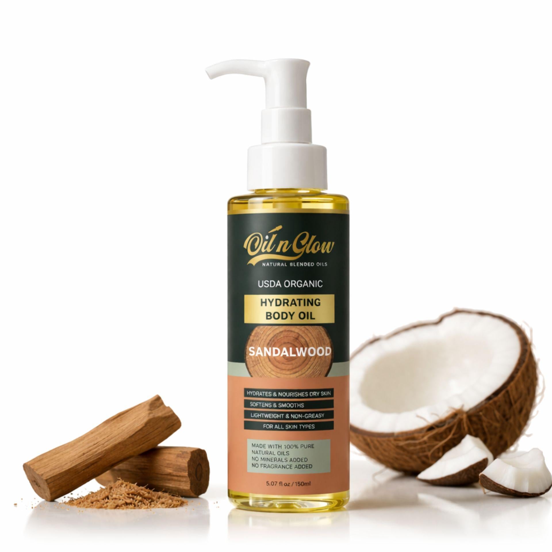 OilnGlow Pure Natural Hydrating Body Oil After Shower With Coconut, Jojoba, Olive & Almond Non-Greasy Moisturizing Oil For Women & Men Dry Skin 5.07 fl oz/150ml-Sandalwood Scent