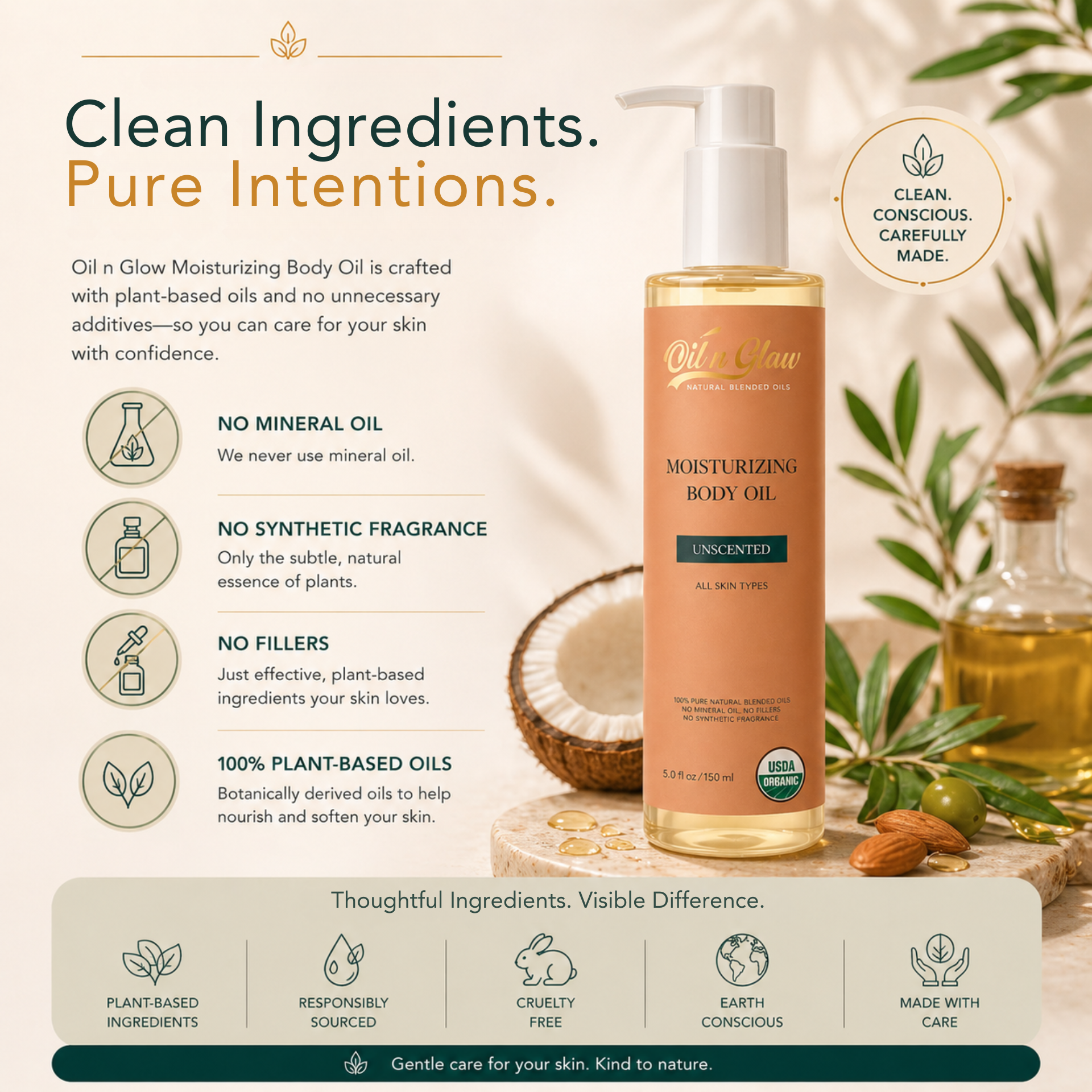 Oil n Glow Moisturizing Body Oil with plant-based ingredients on a natural background