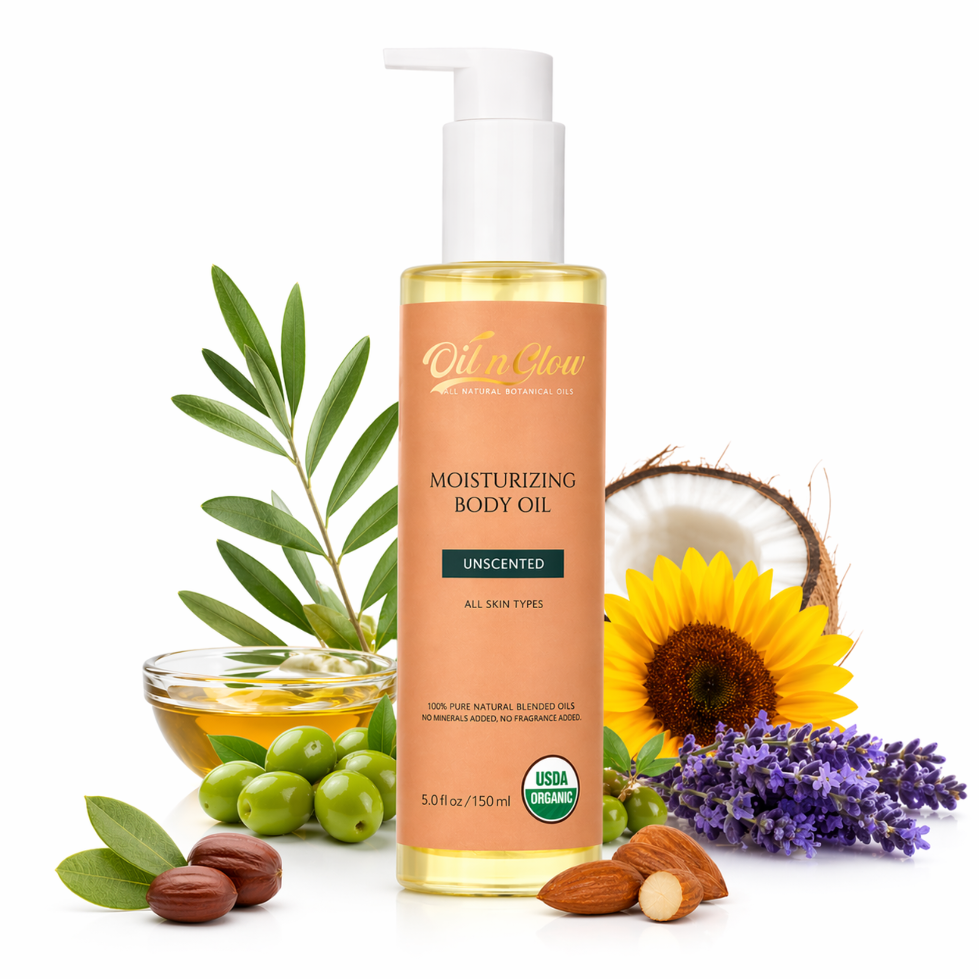 oilnglow Moisturizing body oil bottle with natural ingredients on a white background
