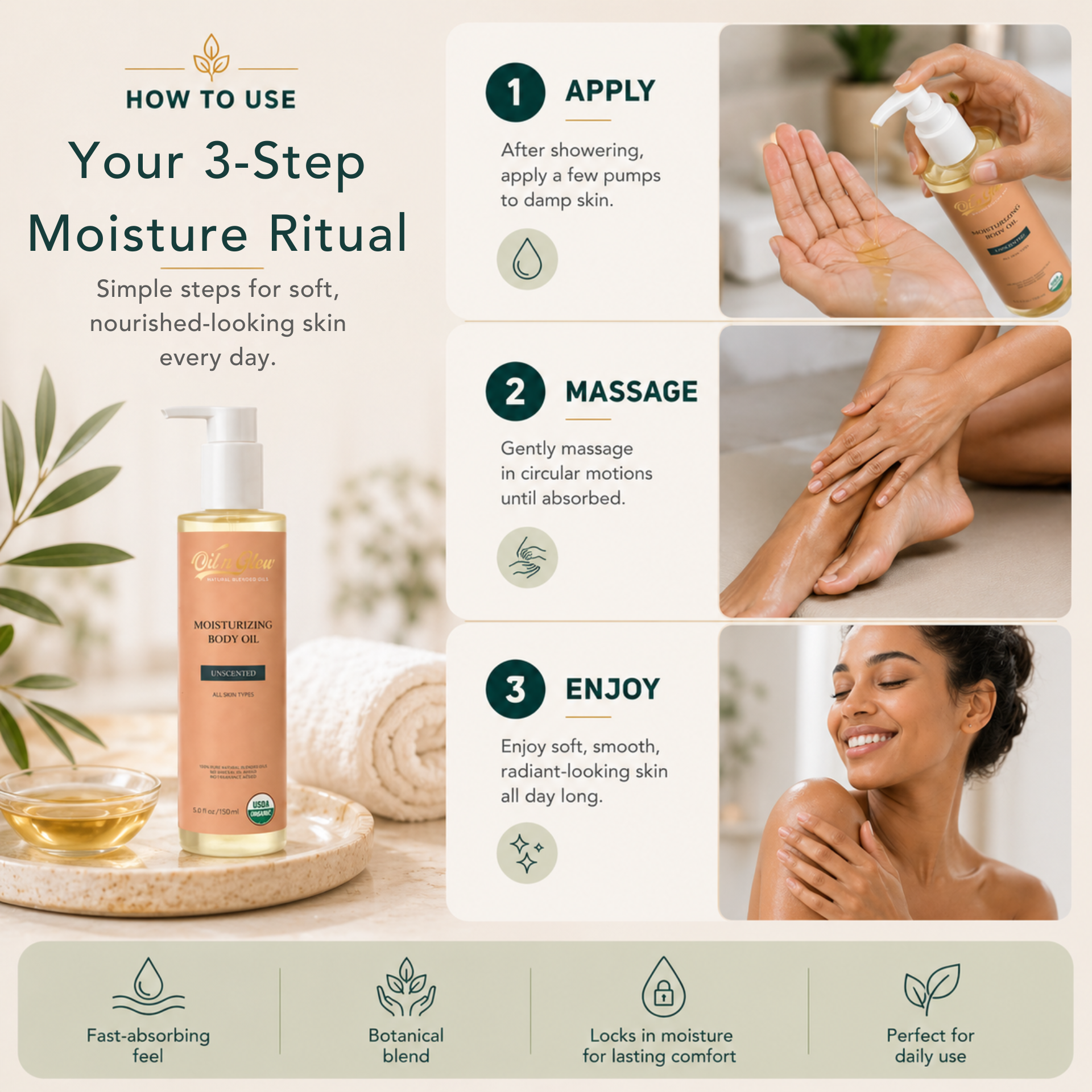 Instructions for a 3-step moisture  oilnglow body oil ritual with a product and images of application.