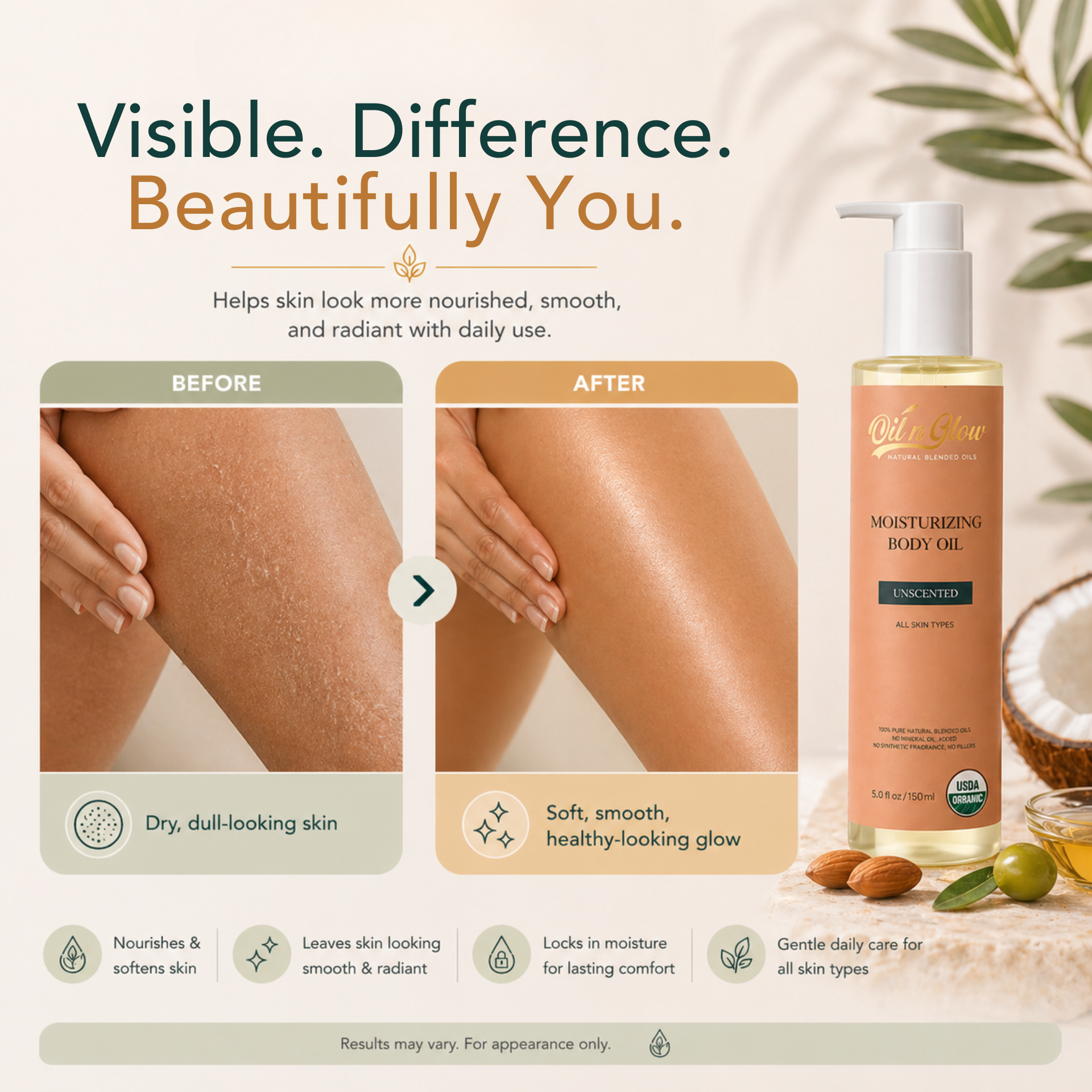 oilnglow Moisturizing body oil with 'Before' and 'After' skin comparison on a light background.