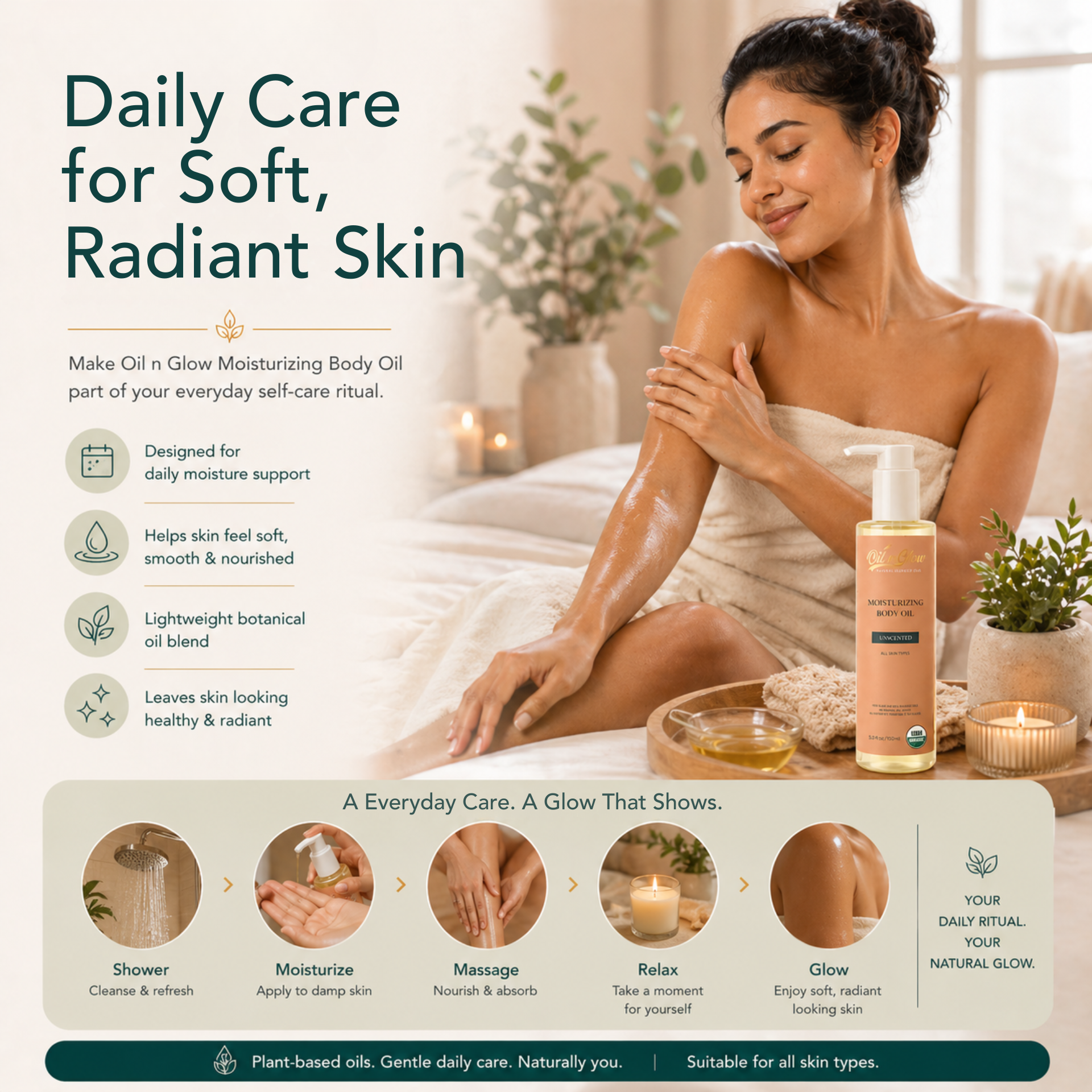 Woman applying oilnglow moisturizing body oil with product packaging displayed, set against a warm indoor background.