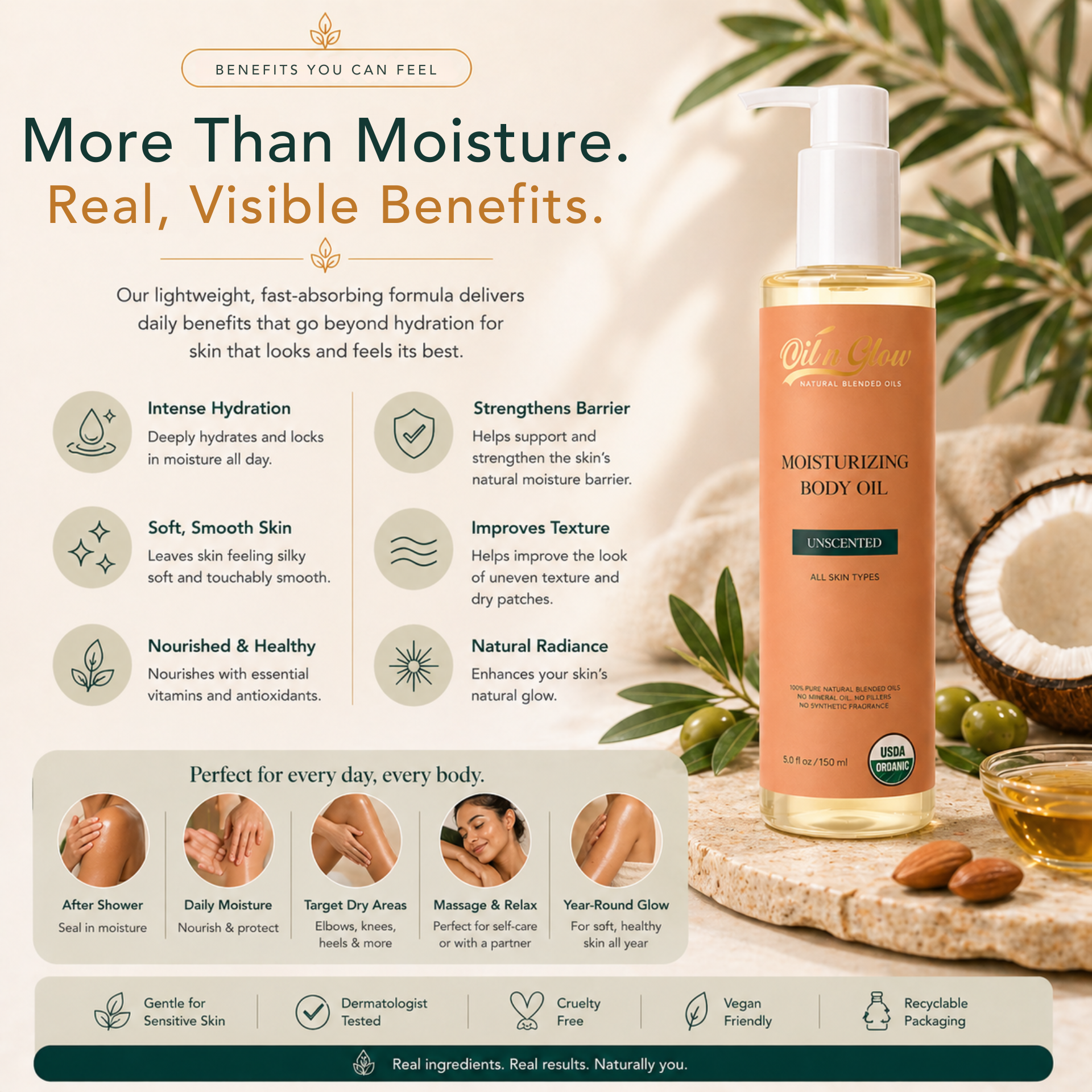 oilnglow Moisturizing body oil bottle with benefits listed on a natural-themed background