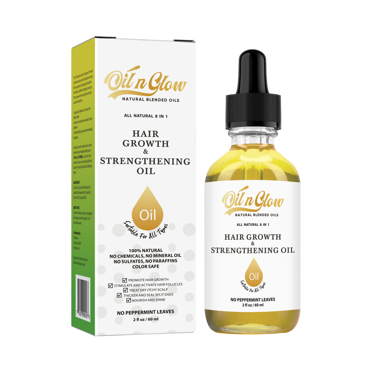OilnGlow 8-in-1 hair oil in a clear dropper bottle filled with golden oil beside its white and green box on a white background.