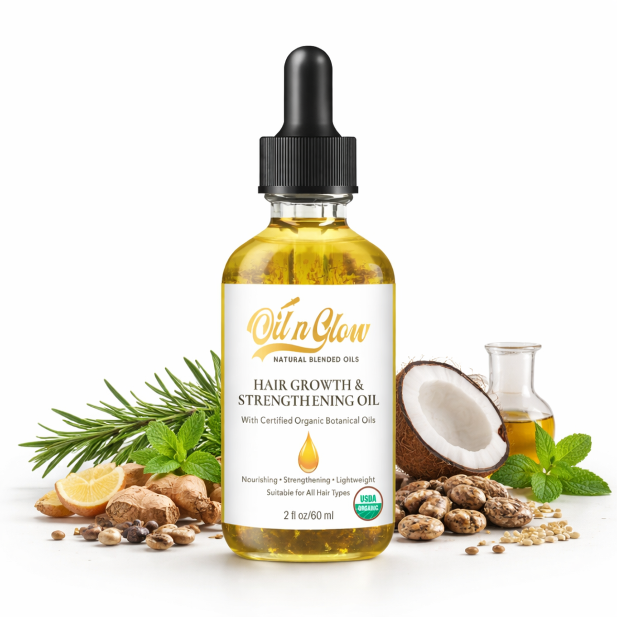 OilnGlow 9-in-1 hair oil dropper bottle surrounded by rosemary, mint, coconut, ginger and castor beans on a white background.