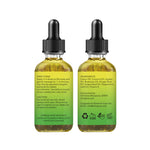 Two back-label views of OilnGlow 9-in-1 hair oil showing application directions and cautions on one bottle and ingredients on the other.