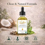 OilnGlow 9-in-1 hair oil with coconut, rosemary, mint and castor beans, above four formula feature icons on a beige background.