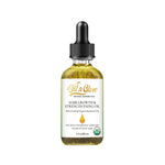 Front view of an OilnGlow 9-in-1 hair oil bottle with a black dropper cap, white label and visible botanicals in golden oil.