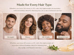 OilnGlow 9-in-1 hair oil guide with portraits labeled straight, wavy, 4C coils and beard care, including a man applying oil to his beard.