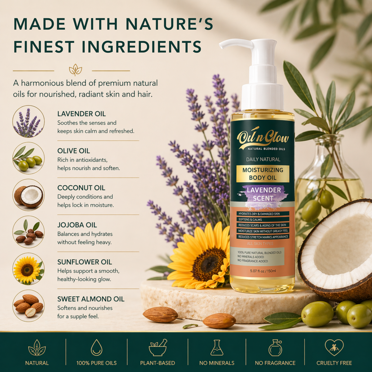 oilnglow Body oil bottle with natural ingredients and benefits displayed on a scenic background