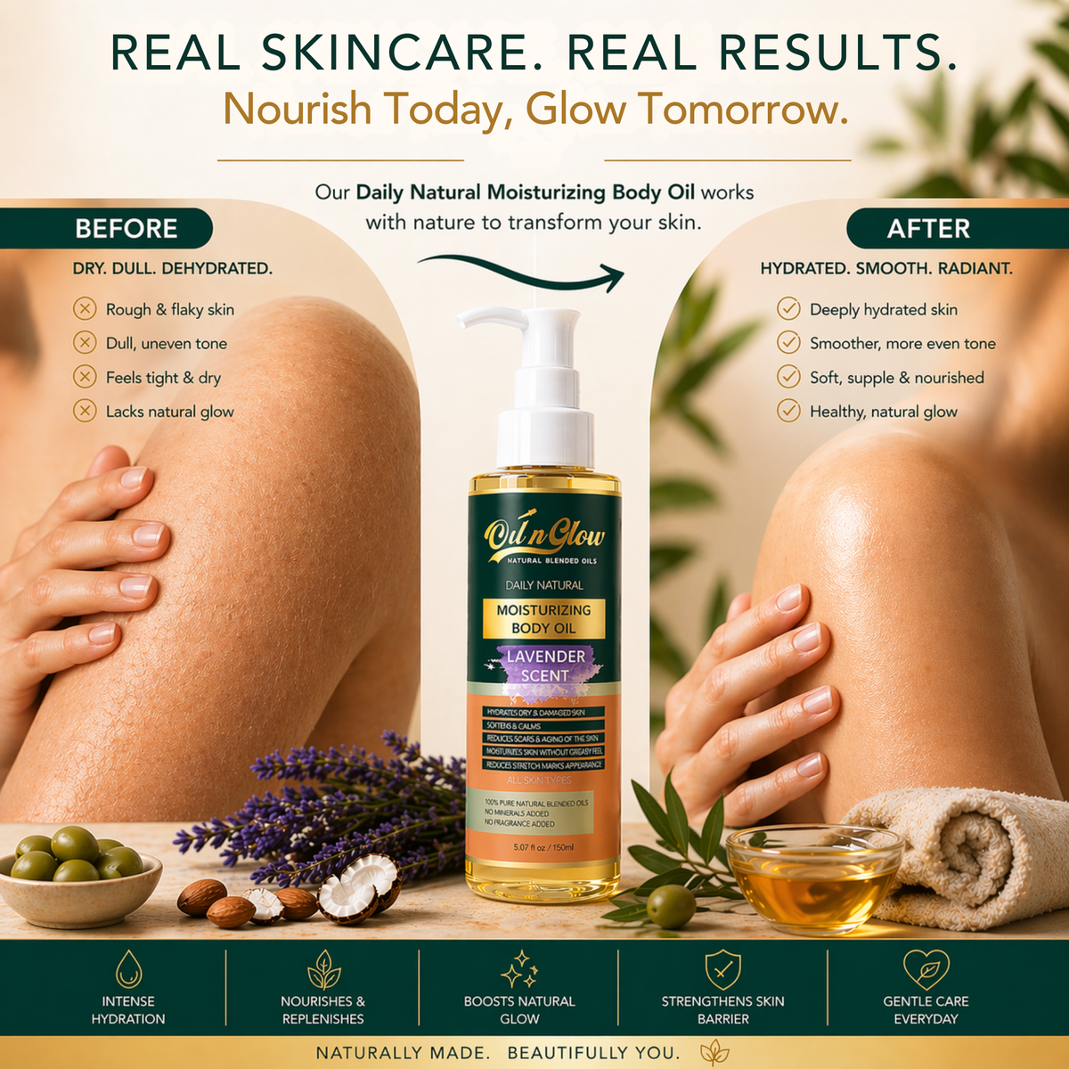 Advertisement for oilnglow natural moisturizing body oil with 'Before' and 'After' effects on skin.