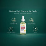 OilnGlow pre-wash scalp oil with a white dropper on dark green, surrounded by icons labeled hair growth, less hair fall, scalp hydration and shine.