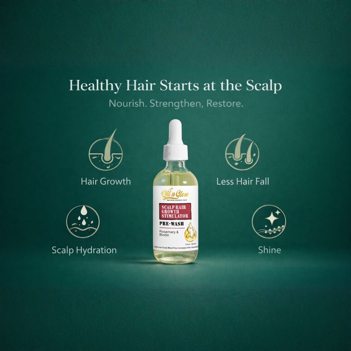 OilnGlow pre-wash scalp oil with a white dropper on dark green, surrounded by icons labeled hair growth, less hair fall, scalp hydration and shine.