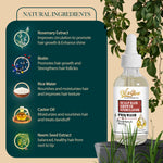 OilnGlow pre-wash scalp oil beside labeled illustrations of rosemary extract, biotin, rice water, castor oil and neem seed extract.