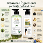 OilnGlow rosemary shampoo and cumin conditioner with labeled ingredient illustrations, including rosemary, pumpkin seeds, black cumin, ginger and castor.
