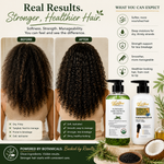OilnGlow rosemary shampoo and cumin conditioner beside a graphic labeled before and after, comparing frizzy curls with more defined curls.