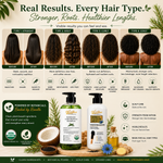 OilnGlow rosemary shampoo and cumin conditioner beneath before-and-after comparison panels labeled straight, wavy, curly and coily hair.