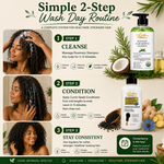 OilnGlow wash routine showing a woman shampooing and conditioning curls: massage rosemary shampoo for 1 to 2 minutes, then leave cumin conditioner on for 2 to 3 minutes and rinse.
