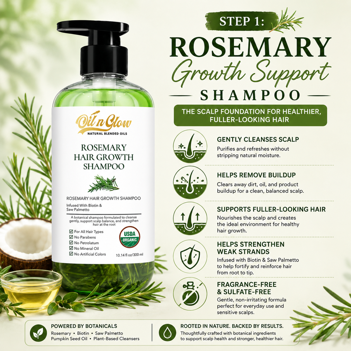 OilnGlow rosemary shampoo pump bottle beside rosemary, coconut and oil, with icons describing scalp cleansing and buildup removal.