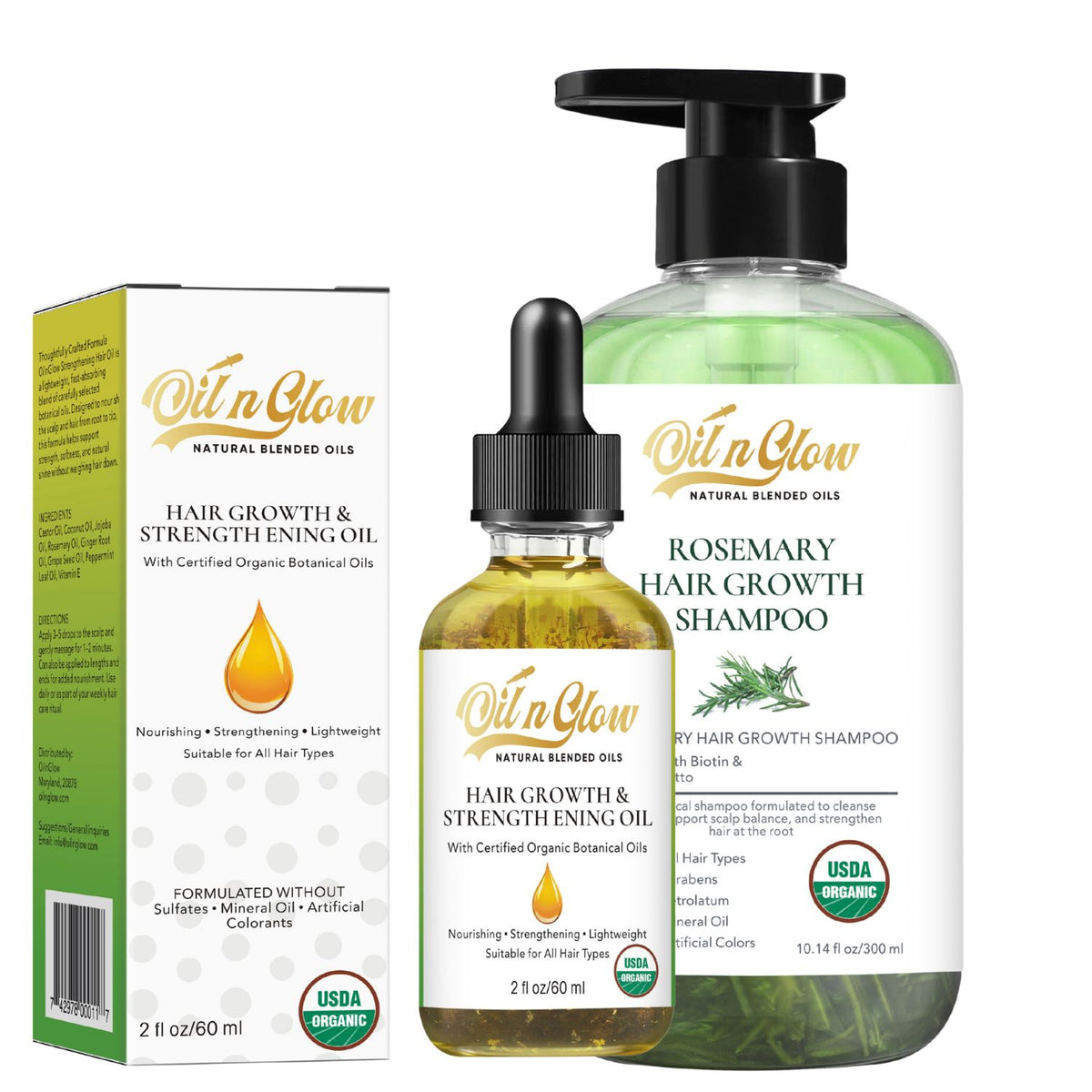 OilnGlow rosemary shampoo pump bottle beside a hair oil dropper bottle and its white and green box on a white background.