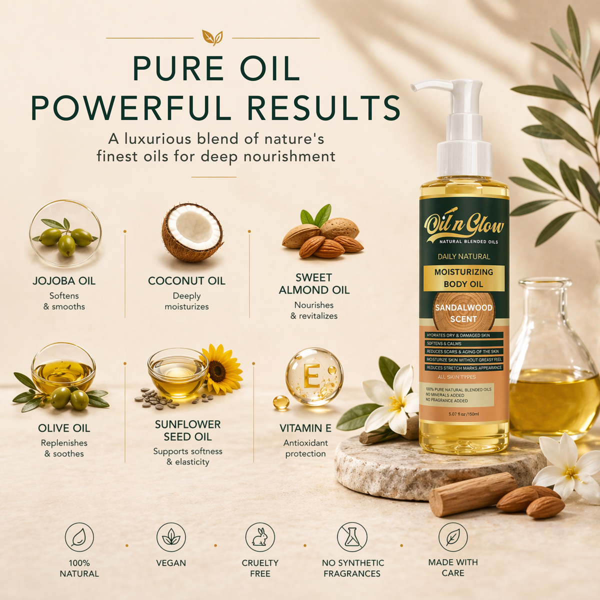 OilnGlow sandalwood body oil pump bottle beside ingredient illustrations labeled jojoba, coconut, sweet almond, olive, sunflower and vitamin E.
