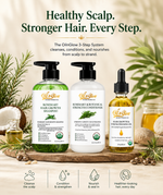 OilnGlow rosemary shampoo, rosemary conditioner and hair oil on a wooden tray with botanicals, above cleanse, condition and nourish icons.
