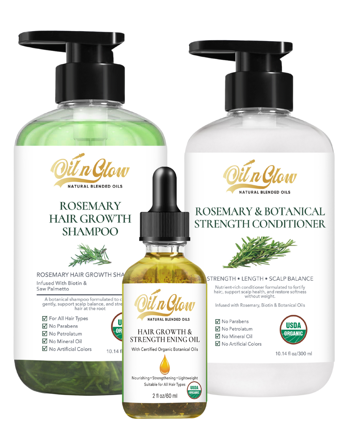 OilnGlow three-step bundle: rosemary shampoo and rosemary conditioner pump bottles behind a 9-in-1 hair oil dropper bottle on white.