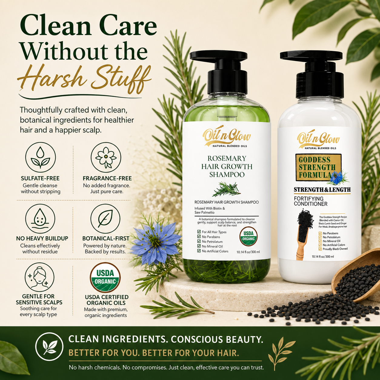 Rosemary Shampoo & Cumin Seeds Conditioner Set- Growth Support & Strengthening Duo