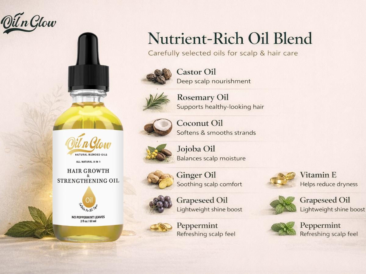 Lightweight 8‑in‑1 natural hair growth oil with rosemary, castor, coconut and jojoba. Supports thicker, fuller hair, reduces breakage and nourishes the scalp.