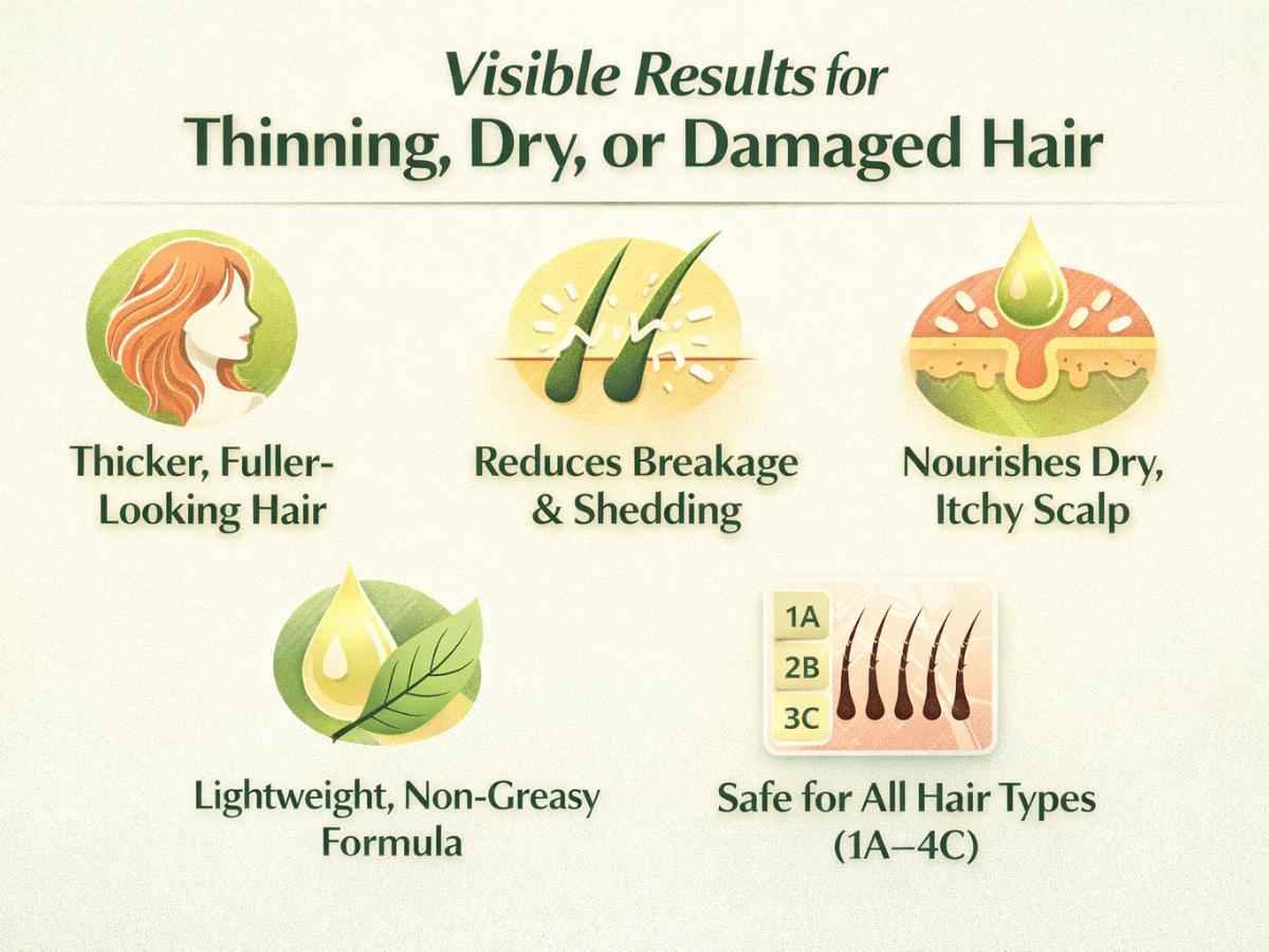 Lightweight 8‑in‑1 natural hair growth oil with rosemary, castor, coconut and jojoba. Supports thicker, fuller hair, reduces breakage and nourishes the scalp.