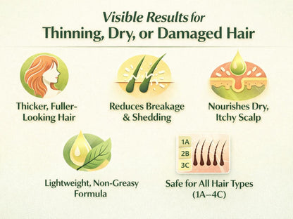 Lightweight 8‑in‑1 natural hair growth oil with rosemary, castor, coconut and jojoba. Supports thicker, fuller hair, reduces breakage and nourishes the scalp.