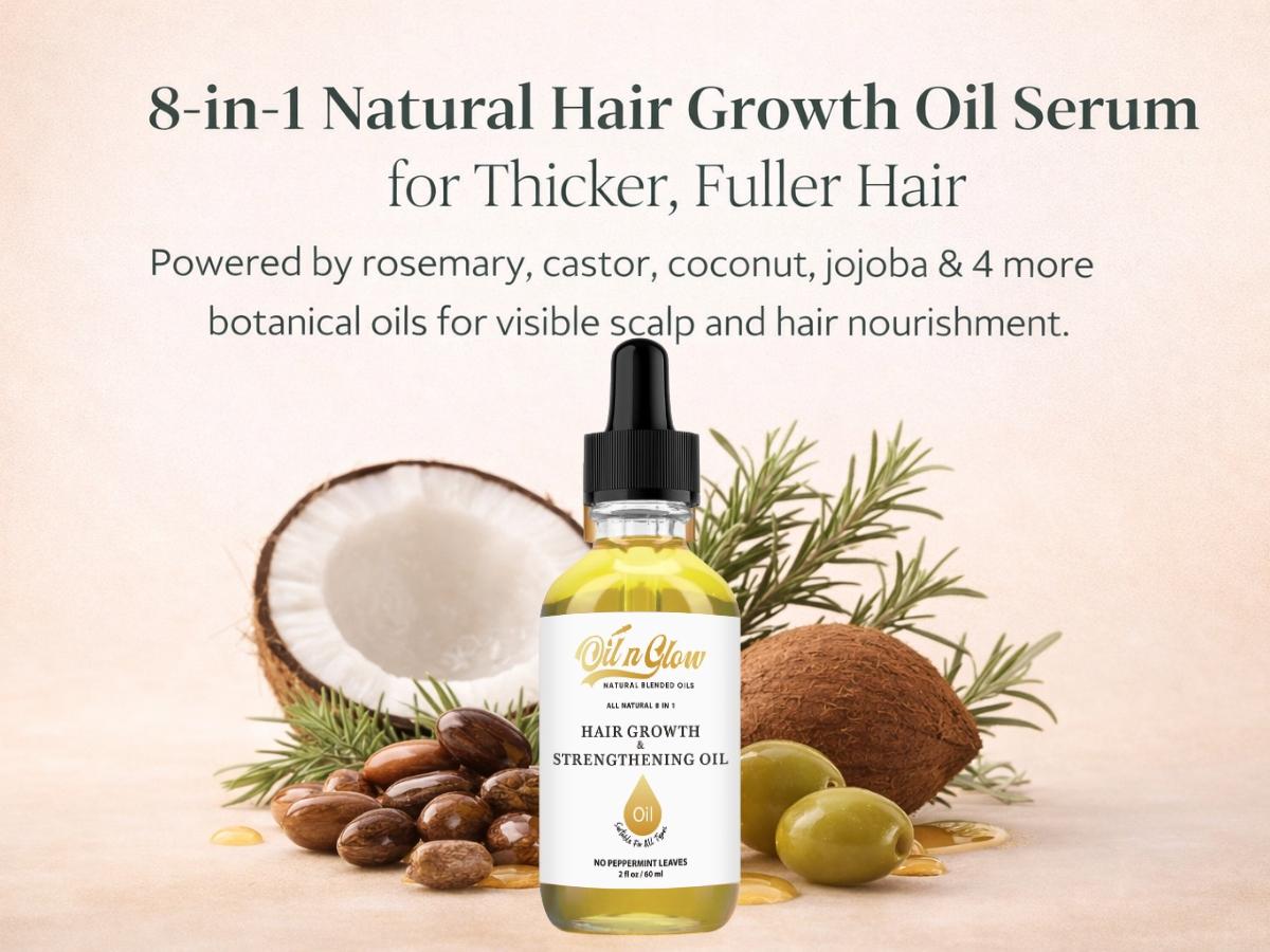 Lightweight 8‑in‑1 natural hair growth oil with rosemary, castor, coconut and jojoba. Supports thicker, fuller hair, reduces breakage and nourishes the scalp.