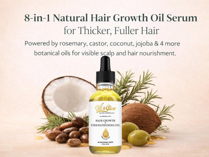 Lightweight 8‑in‑1 natural hair growth oil with rosemary, castor, coconut and jojoba. Supports thicker, fuller hair, reduces breakage and nourishes the scalp.