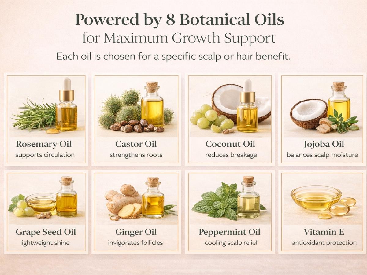 Lightweight 8‑in‑1 natural hair growth oil with rosemary, castor, coconut and jojoba. Supports thicker, fuller hair, reduces breakage and nourishes the scalp.