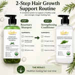 2-step hair growth support routine with Rosemary Shampoo and Strengthening Conditioner on a white background with greenery.