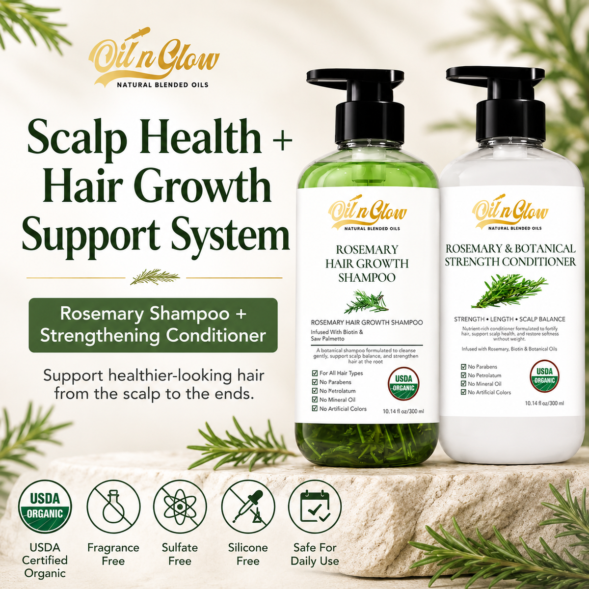 Oil n Glow Rosemary Shampoo and Strengthening Conditioner bottles with product details on a natural background.