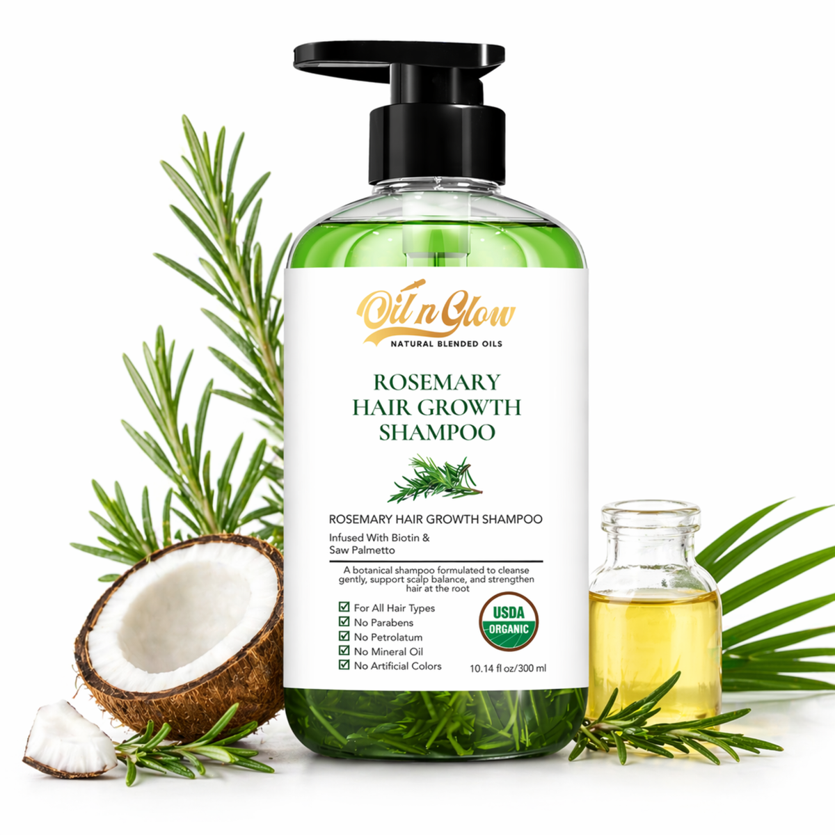 Rosemary hair growth shampoo bottle with coconut, rosemary leaves, and oil on a white background by oilnglow