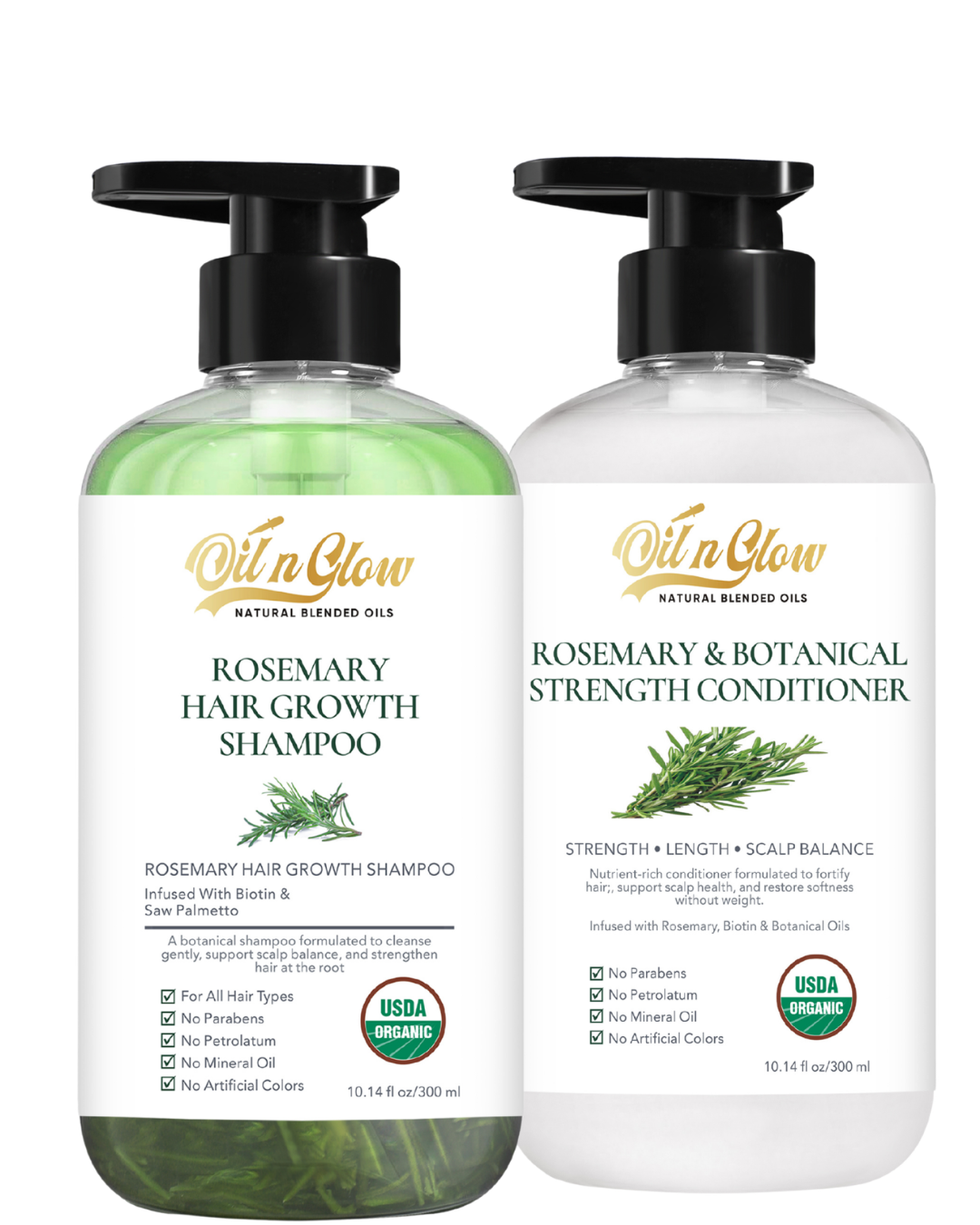 Oil 'n Glow Rosemary Hair Growth Shampoo and Botanical Strength Conditioner on a white background